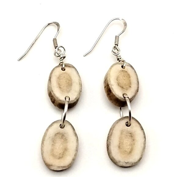 Artisan Natural Deer Antler Slice Lightweight Dangle Earrings 925 Sterling Wires - Picture 1 of 7